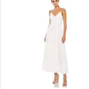 MacDuggal Ruched White V-Neck Dress